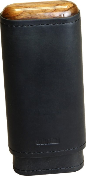 Adorini Leather Adaptable Black Wooden Top & Bottom Cigar Case - 2-3 Cigar Capacity (AD071)
