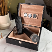 FATHERS DAY - Prestige Alligator Motif Leather Humidor & Starter Set - Black -  20 Cigar Capacity