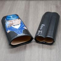 J Cure Hand Painted Black Leather Cigar Case 2 Cigar Capacity - Churchill Blue Striped Suit