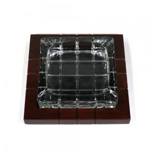 Prestige Cross Hatched Crystal Glass with Wooden Base Cigar Ashtray