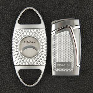 Cigarism Double Jet Flame Lighter & Cutter Gift Set - Diamond Pattern - Silver