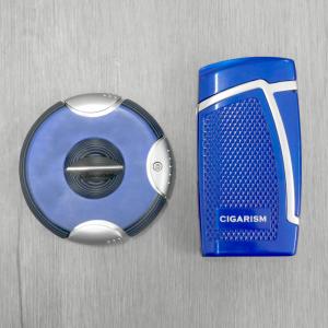 Cigarism Double Jet Flame Lighter & Round Cutter Gift Set - Blue