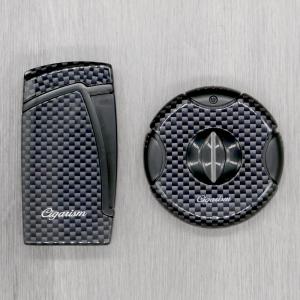 Cigarism Double Jet Flame Lighter & Round Cutter Gift Set - Black