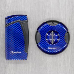 Cigarism Double Jet Flame Lighter & Round Cutter Gift Set - Blue Carbon Fibre