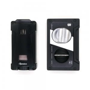 Cigarism Triple Jet Flame Lighter and Cassette Style Cigar Cutter Gift Set - Black