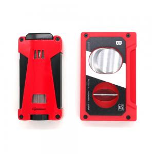 Cigarism Triple Jet Flame Lighter and Cassette Style Cigar Cutter Gift Set - Red