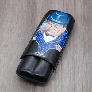 J Cure Hand Painted Black Leather Cigar Case 2 Cigar Capacity - Churchill Blue Striped Suit
