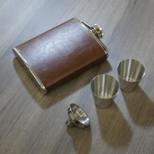 Artamis 6oz Brown  Leather Flask With Cups & Funnel Gift Set