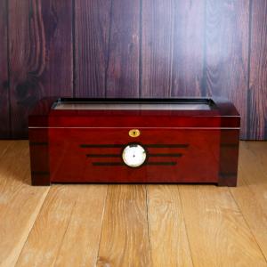 High Gloss Cherry Wood Glass Top Humidor with Lock and Front Dial - 75 Cigar Capacity