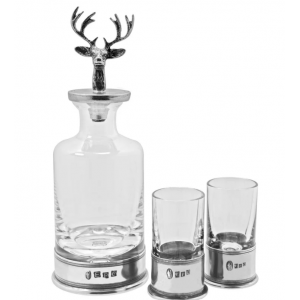 180ml Spirit Stag Head English Pewter & Crystal Mini Decanter Set With Shot Glasses