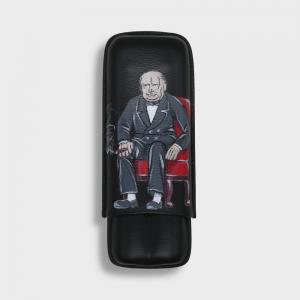 J Cure Hand Painted Black Leather Cigar Case 2 Cigar Capacity - Churchill Red Chair (End of Line)