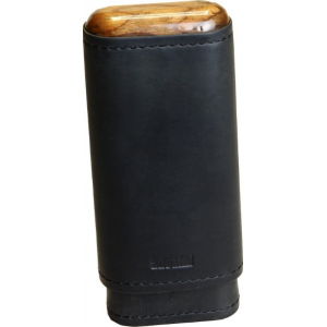 Adorini Leather Adaptable Black Wooden Top & Bottom Cigar Case - 2/3 Cigar Capacity
