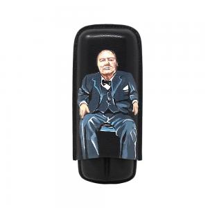 J Cure Hand Painted Black Leather 2 Cigar Capacity - Churchill Sitting