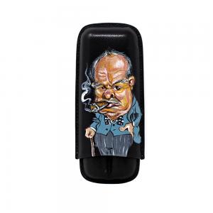 J Cure Hand Painted Black Leather 2 Cigar Capacity - Churchill Striped Grey