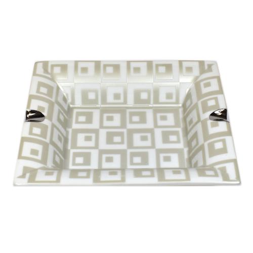 Rectangle Ceramic 2 Cigar Rest Ashtray - Squares Pattern