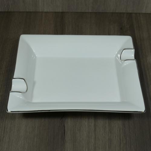 Bianco Square Ceramic Cigar Ashtray - White with Silver Trim - 2 Cigars Rest