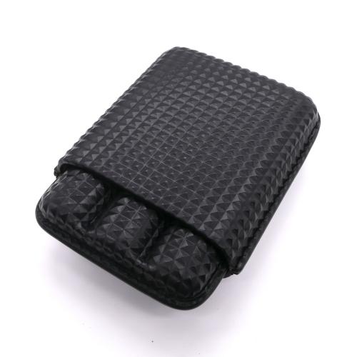 Angelo Diamond Patterned Black Leather Lined Cigar Case & Cutter - Holds 3 Cigars - 64 Ring Gauge