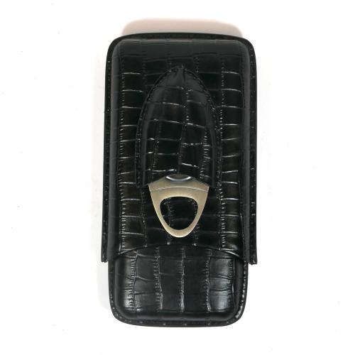 Black Alligator Style Cigar Case & Cutter - Up To 54 RG - 3 Finger