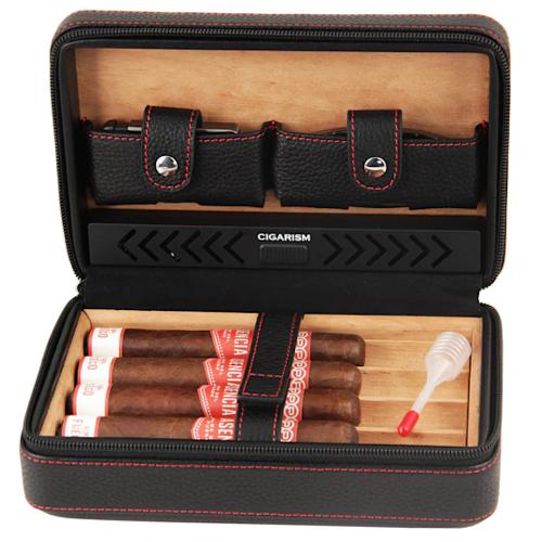 Cigarism Cedar Lined Travel Cigar Humidor with Cutter & Lighter - 4 Cigar Capacity - Black