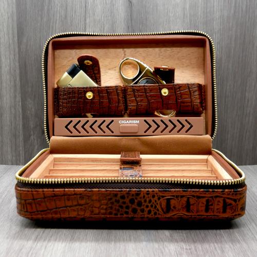 Cigarism Cedar Lined Travel Cigar Humidor with Gold Cutter & Lighter - 4 Cigar Capacity