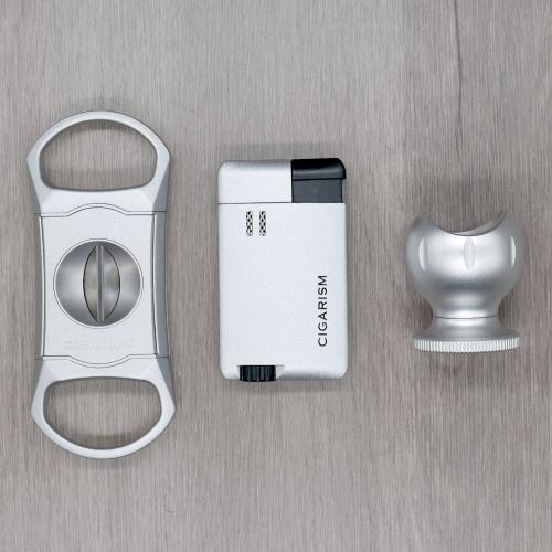 Cigarism Jet Flame Lighter, V Cut Cutter & Cigar Stand Gift Set - Silver