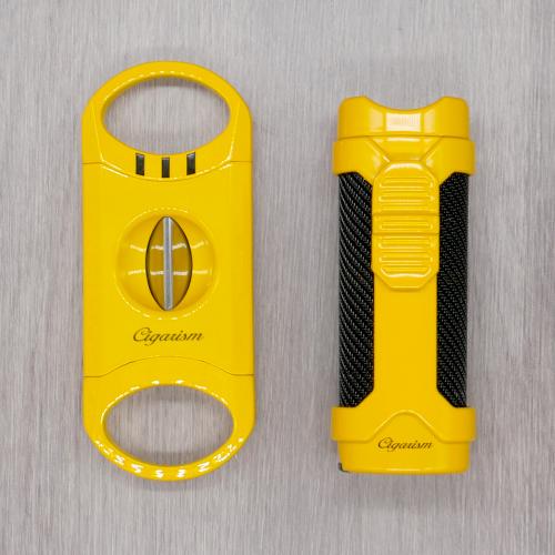 Cigarism Single Torch Jet Flame Lighter & V-Cut Cigar Cutter Gift Set - Yellow