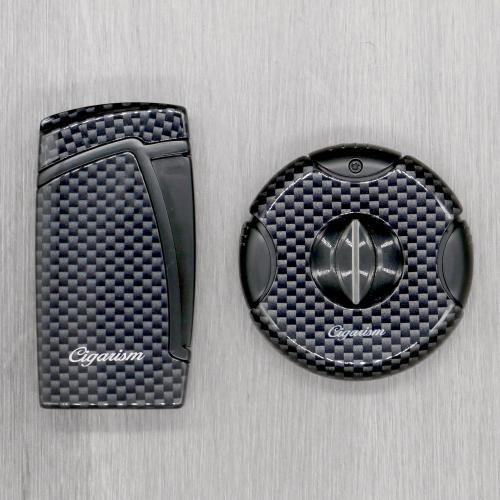 Cigarism Double Jet Flame Lighter & Round Cutter Gift Set - Carbon Fibre Black