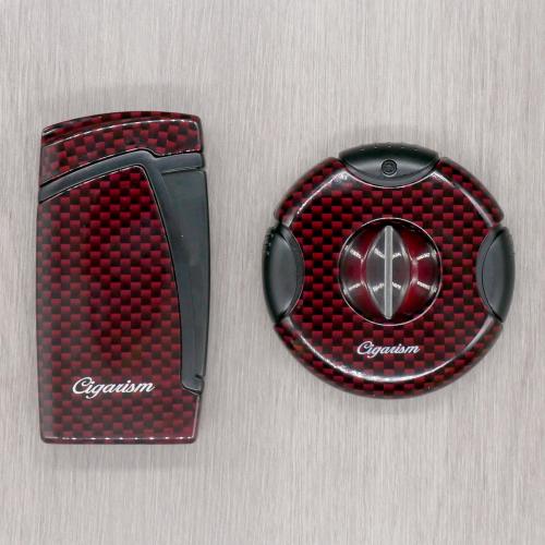 Cigarism Double Jet Flame Lighter & Round Cutter Gift Set - Carbon Fibre Red
