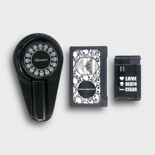 Cigarism Jet Flame Lighter, Cigar Cutter & Ashtray Gift Set - Skull