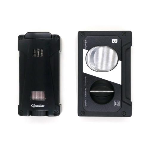 Cigarism Triple Jet Flame Lighter and Cassette Style Cigar Cutter Gift Set - Black