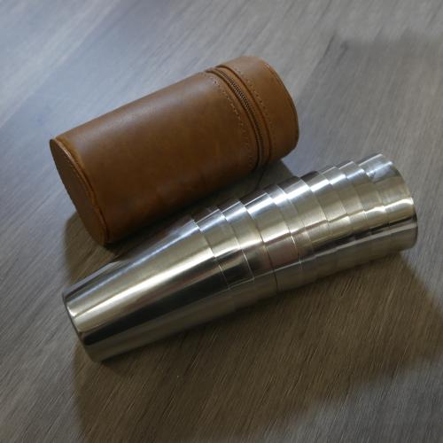 10 Piece 80ml Stainless Steel Cups & Brown Leather Case