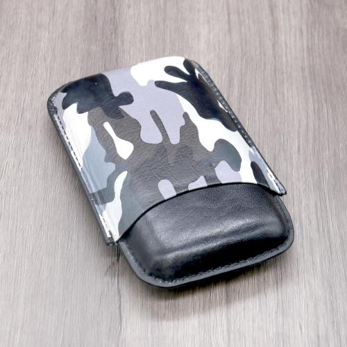 Camouflage Leather Cigar Case - Three Robusto - Black & Grey