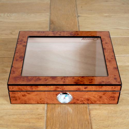 Atomic Burlwood Glass Top Humidor - 20 Cigar Capacity