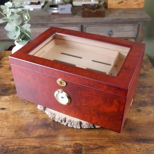 Sikarlan Burbinga Veneer Humidor With Glass Top - 100 Cigar Capacity