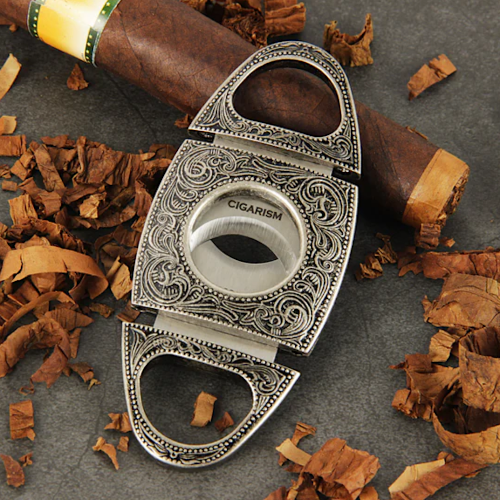 Cigarism Vintage Flower Engraved Cigar Cutter - Silver