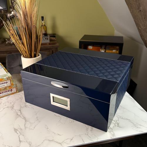 Prestige Hampton Humidor with Diamond Stitched Leather Top - Blue - 200 Capacity